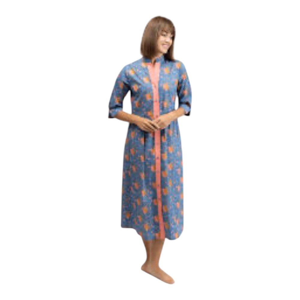 Beau & Ro Alice Colin Blue Leopard Floral Cotton Midi Shirt Dress Small Pockets